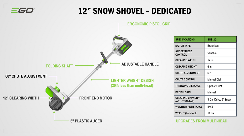 EGO Power+ SNS1201 Dedicated 12" Snow Shovel with 2.5Ah Battery and Charger
